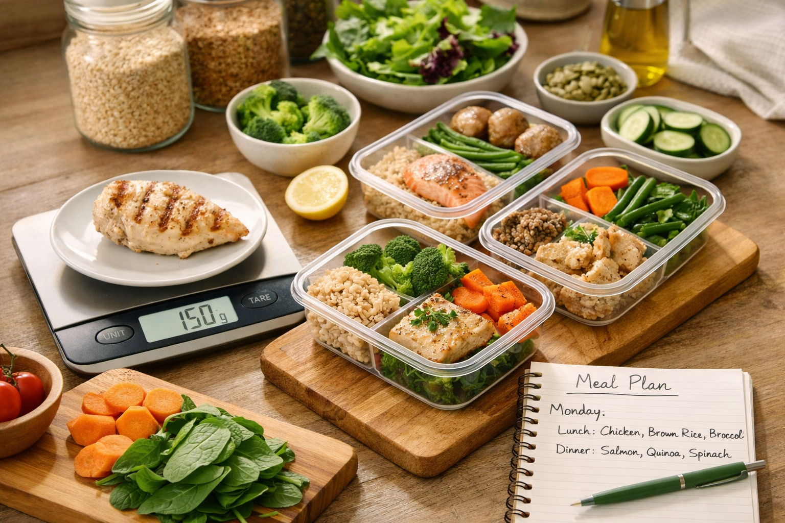 Warm lifestyle photograph (1536x1024) depicting healthy meal prep scene with portioned containers showing balanced meals, kitchen scale disp