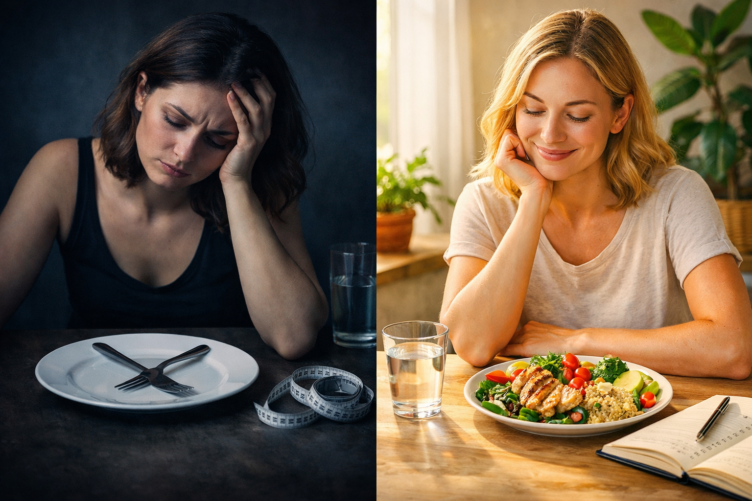 Conceptual split-screen landscape image (1536x1024) comparing two approaches: left side shows stressed person with extreme diet restrictions