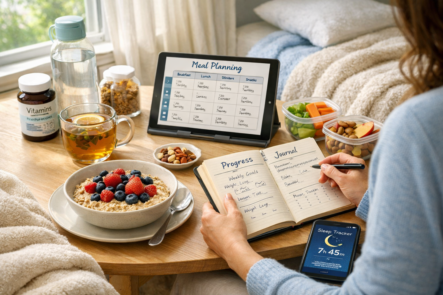 Detailed lifestyle composition (1536x1024) showing realistic daily routine for weight loss without exercise: morning scene with healthy brea