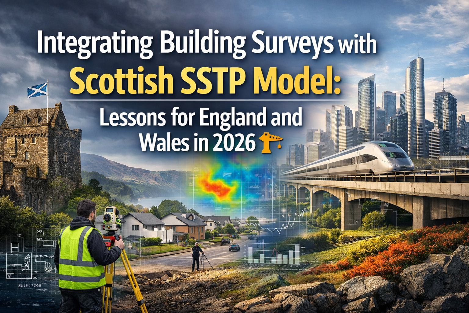 Professional landscape hero image (1536x1024) with bold text overlay: "Integrating Building Surveys with Scottish SSTP Model: Lessons for En