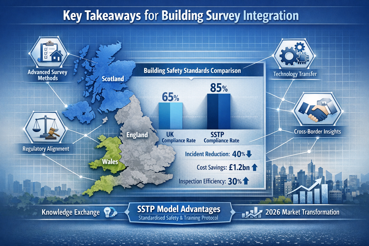 Editorial-style infographic visualizing 'Key Takeaways' for building survey integration, featuring a UK map with Scotland, England, and Wale