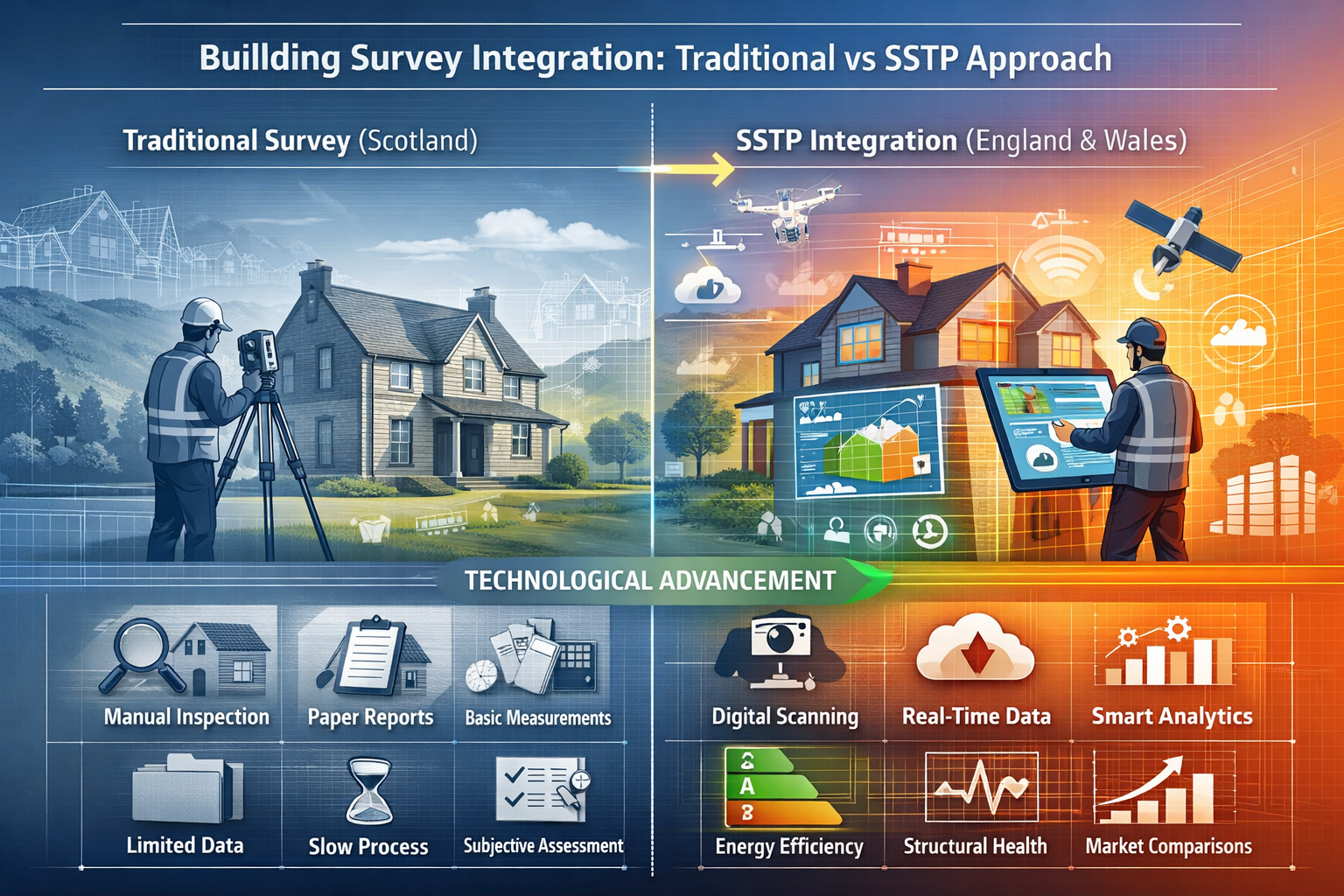 Conceptual engineering diagram illustrating practical applications of building survey integration, featuring a split-screen landscape compar