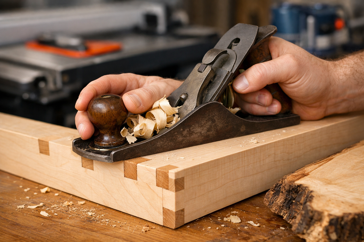 A close-up, editorial-style landscape image (1536x1024) showcasing a pair of hands using a hand plane to smooth a section of wood, revealing