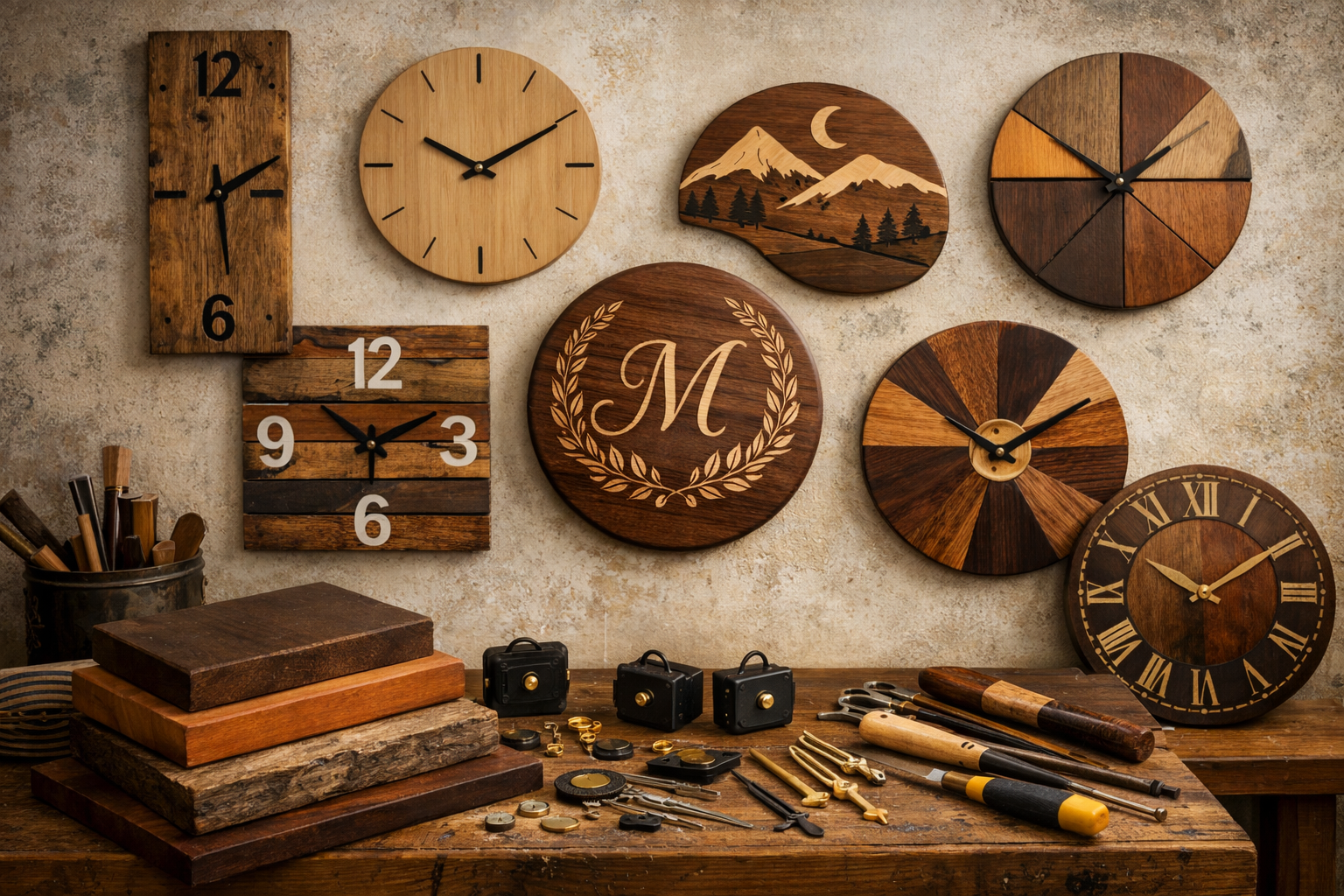 A landscape format (1536x1024) image showing a collection of various DIY wooden wall clock designs, from simple and modern to more intricate