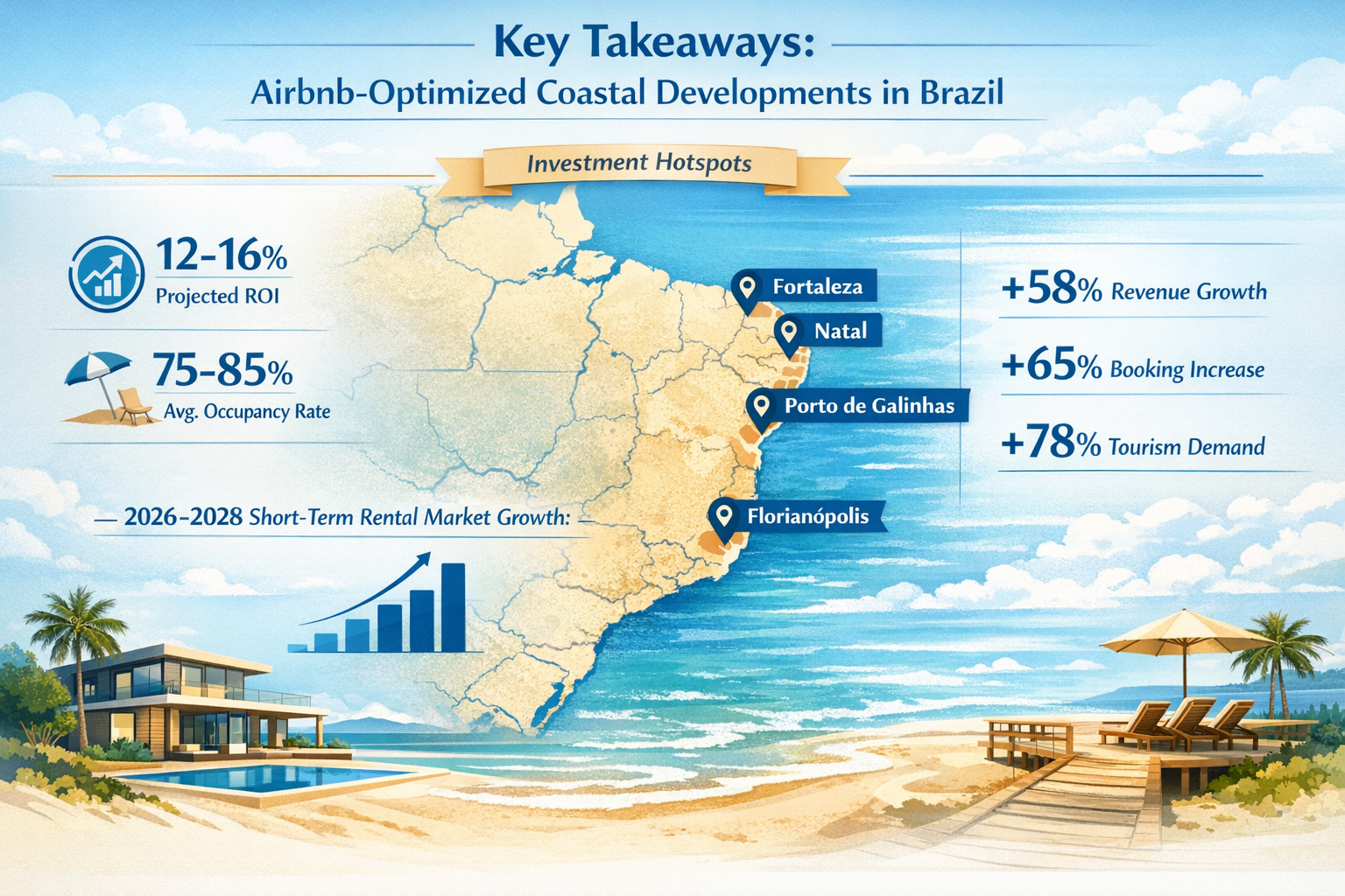 Editorial-style infographic visualizing 'Key Takeaways' for Airbnb-Optimized Coastal Developments in Brazil, featuring a stylized map of Bra