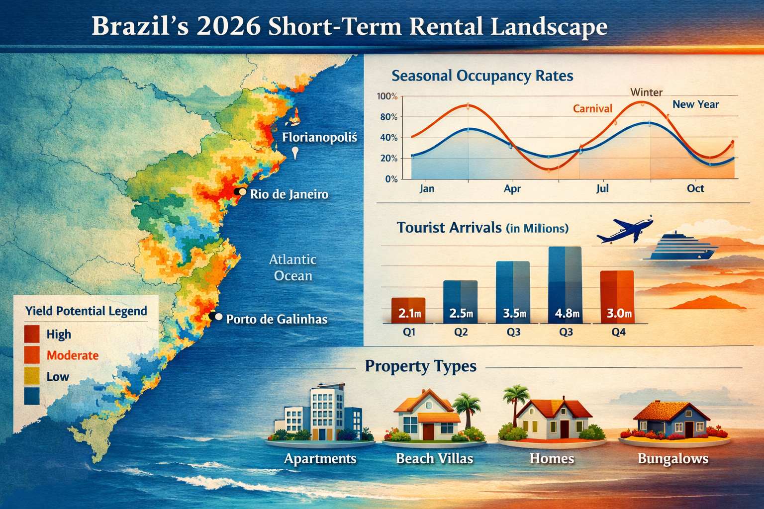 Comprehensive data visualization depicting Brazil's 2026 Short-Term Rental Landscape, featuring a dynamic heat map of coastal regions like F