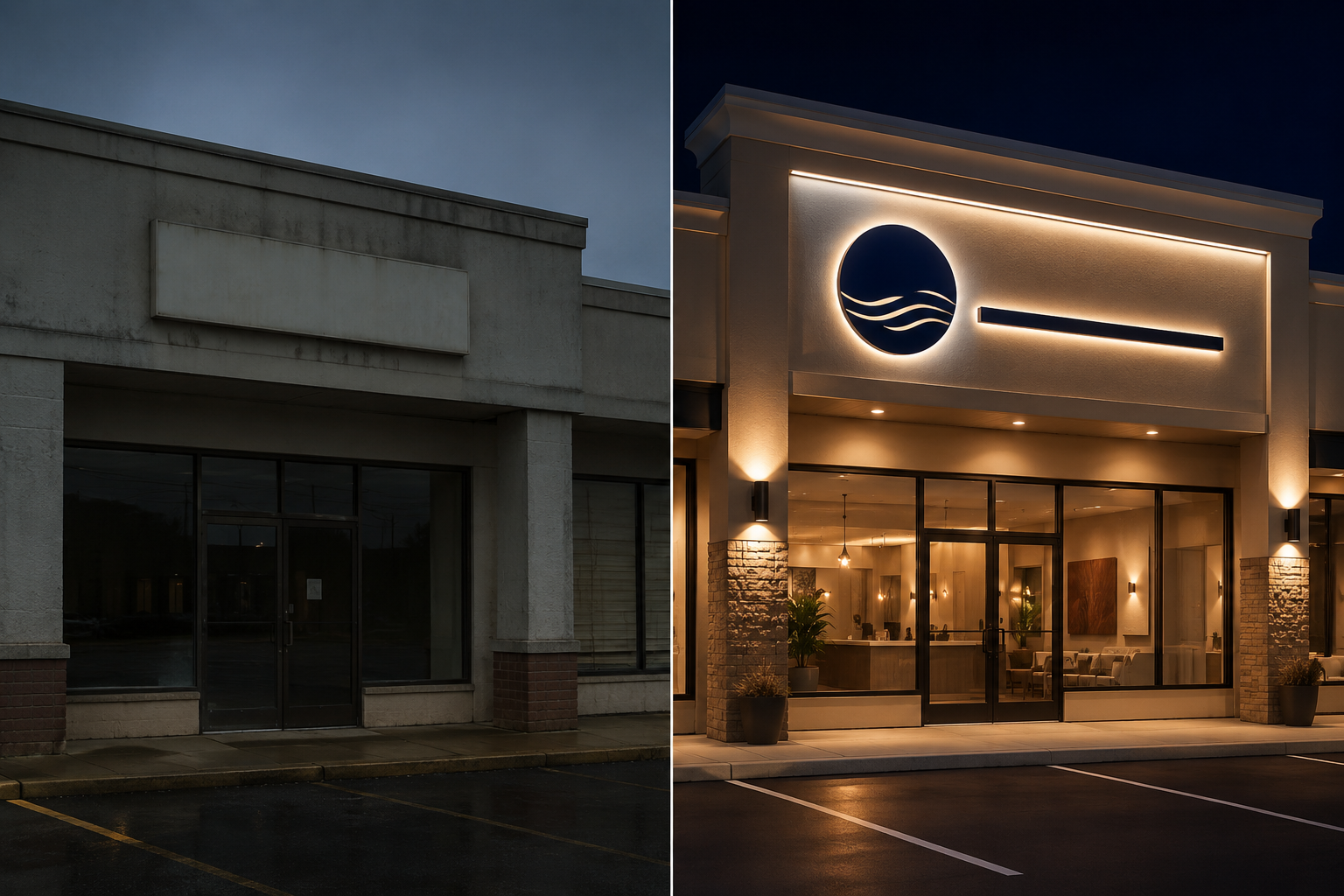 Split-screen comparison of a faded generic storefront sign on the left and a bright, well-designed custom sign on the right