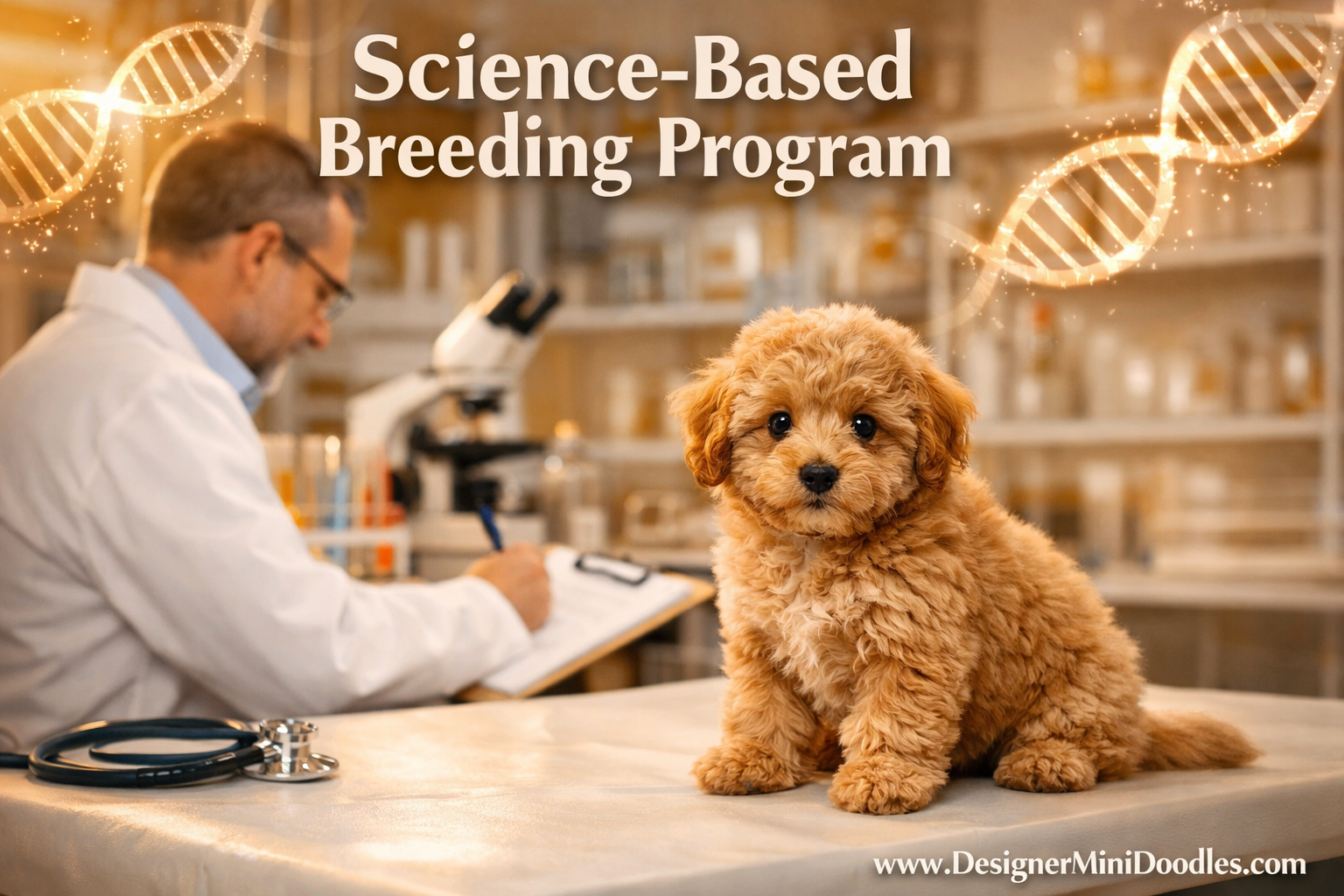 () editorial image showing a professional animal biology laboratory setting with DNA helix graphics overlaid, a scientist in