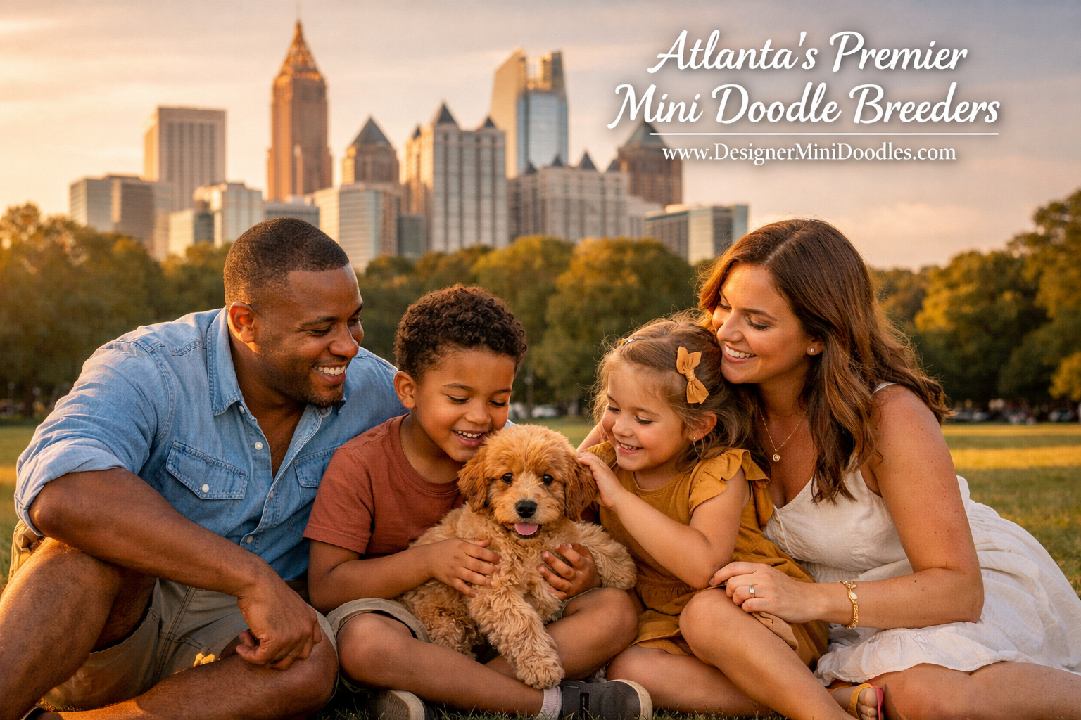 () warm lifestyle photo showing a happy Atlanta family with two children sitting on a Piedmont Park lawn with a fluffy