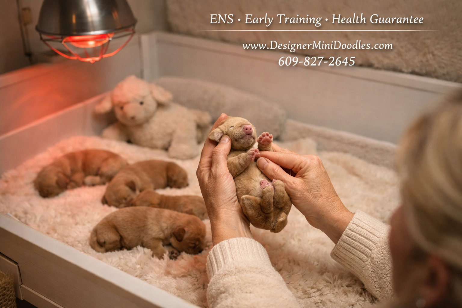 () cozy whelping room scene showing newborn mini goldendoodle puppies in a professional whelping box with warming lamp, a