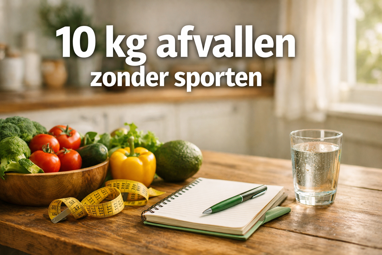 Professional landscape hero image (1536x1024) featuring bold text overlay '10 kg afvallen zonder sporten' in extra large 72pt white sans-ser