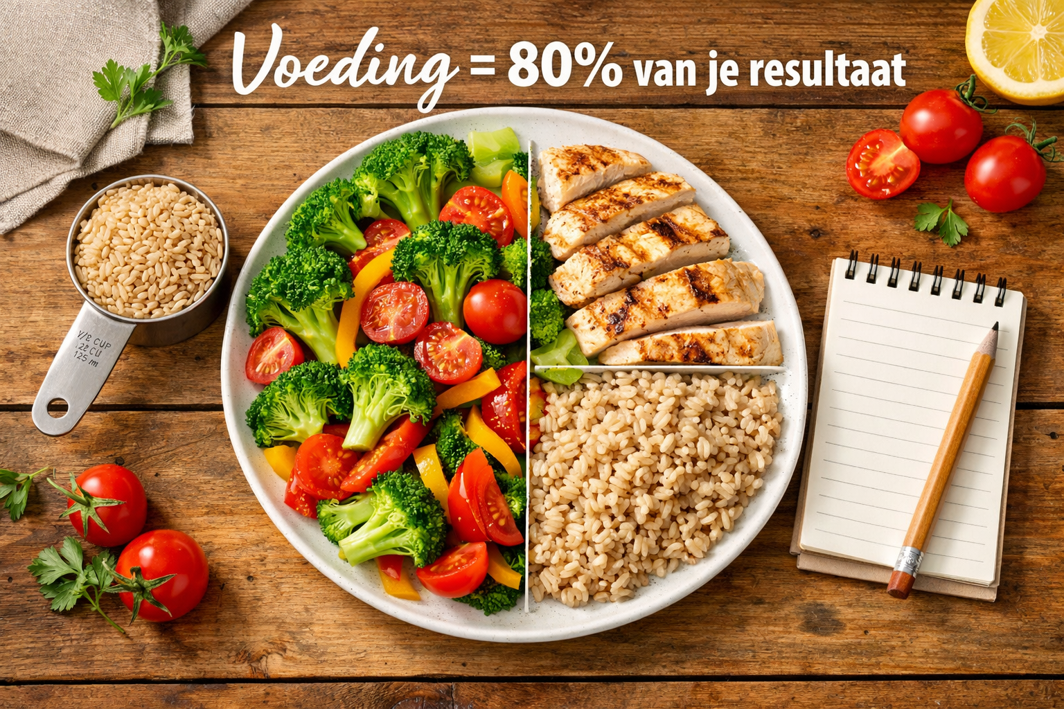 Vibrant overhead flat-lay photograph of balanced meal plate showing portion control method: half plate filled with colorful vegetables (broc