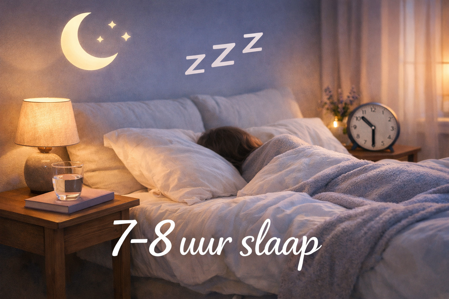 Peaceful lifestyle composition showing quality sleep scene: cozy bedroom with dim warm lighting, comfortable bed with white linens, bedside