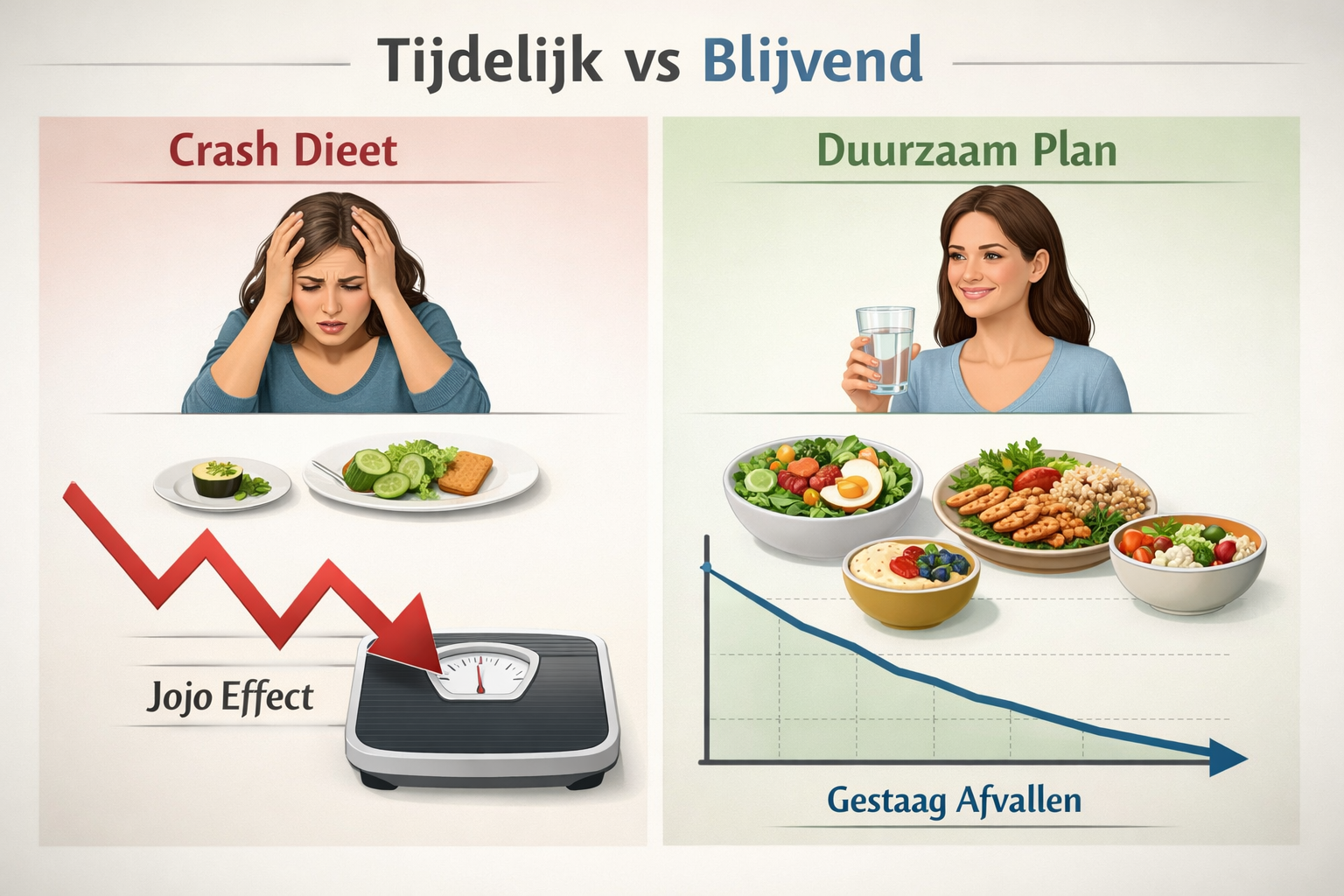 Split-screen comparison image showing 'Crash Dieet' versus 'Duurzaam Plan': left side shows restrictive tiny portions, stressed expression,
