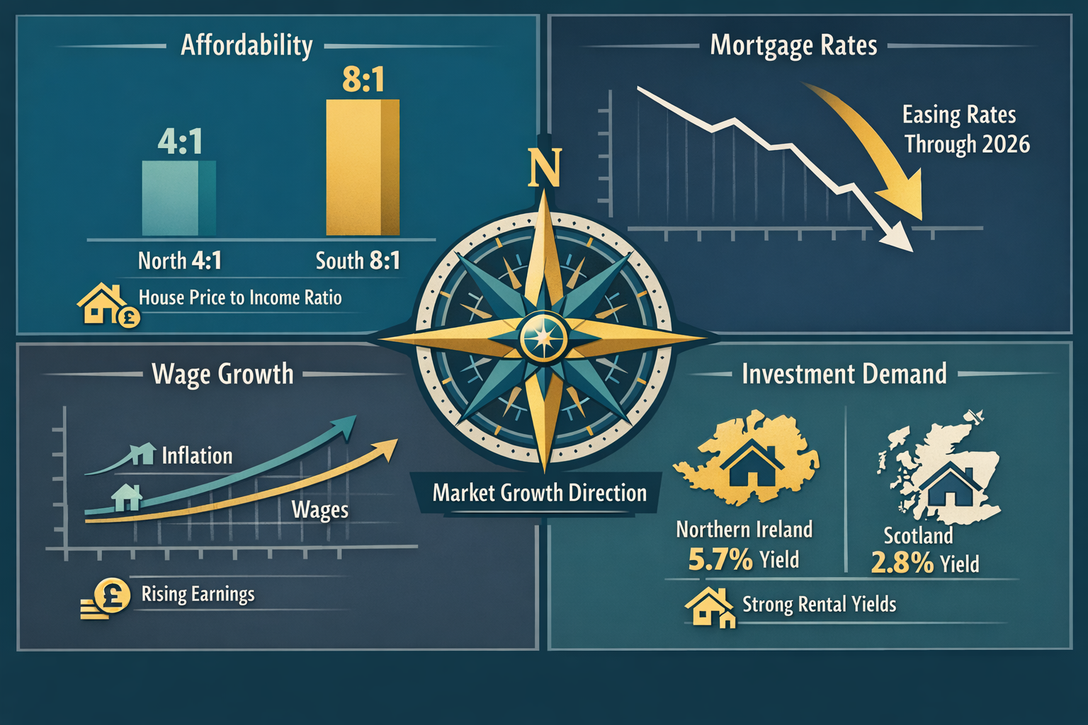 Landscape format (1536x1024) detailed visualization showing multiple factors driving northern property market outperformance. Split into fou