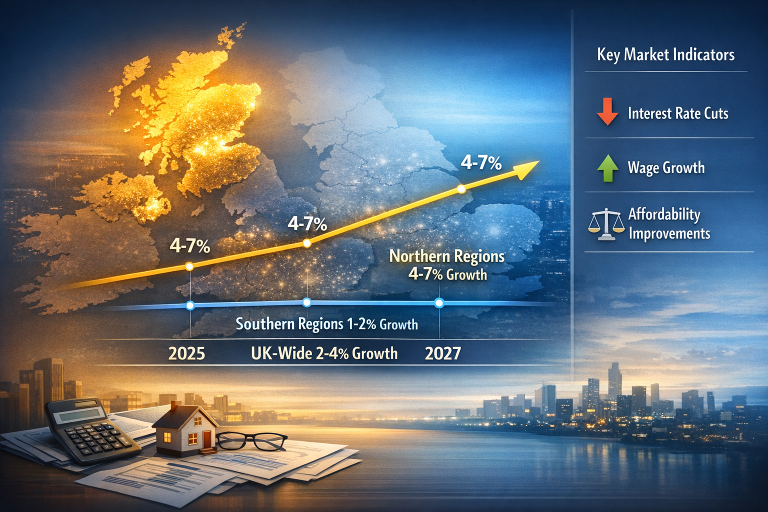 Landscape format (1536x1024) professional illustration showing future property market trajectory through 2026 and beyond. Center features ti