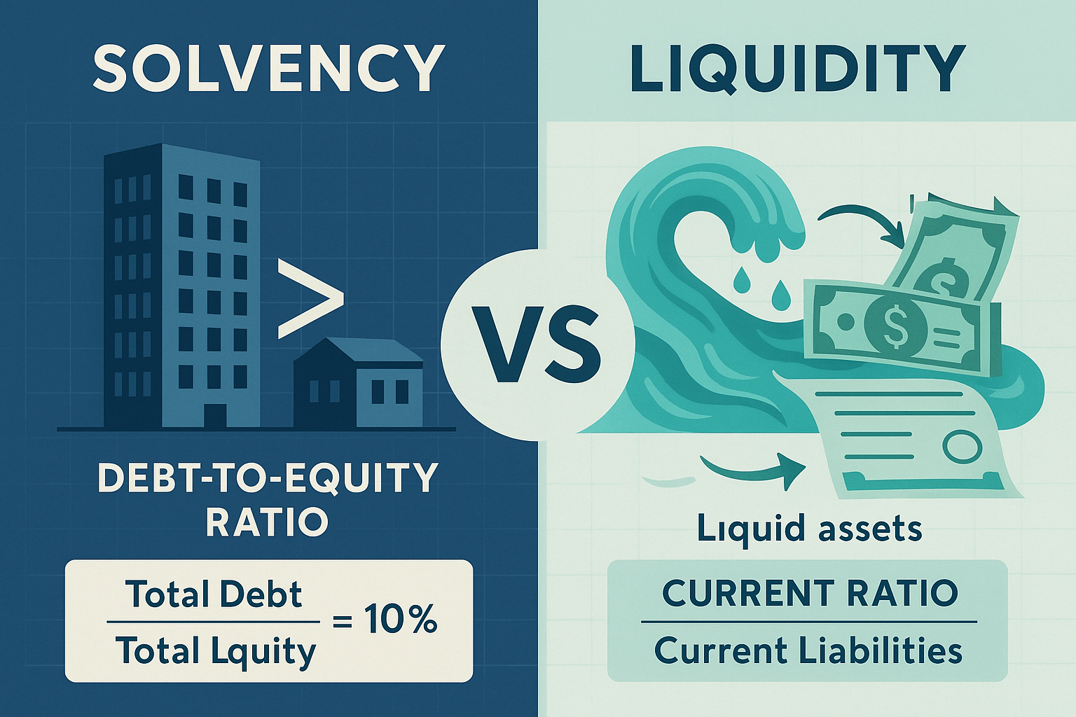 Detailed infographic illustration (1536x1024) showing side-by-side comparison of solvency versus liquidity concepts. Left panel displays sol