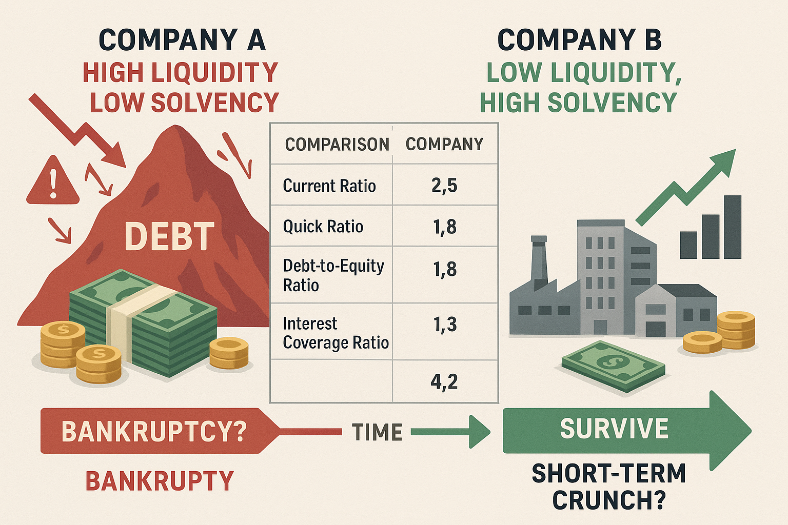 Real-world business scenario illustration (1536x1024) showing two company comparison charts side by side. Company A labeled 'High Liquidity,