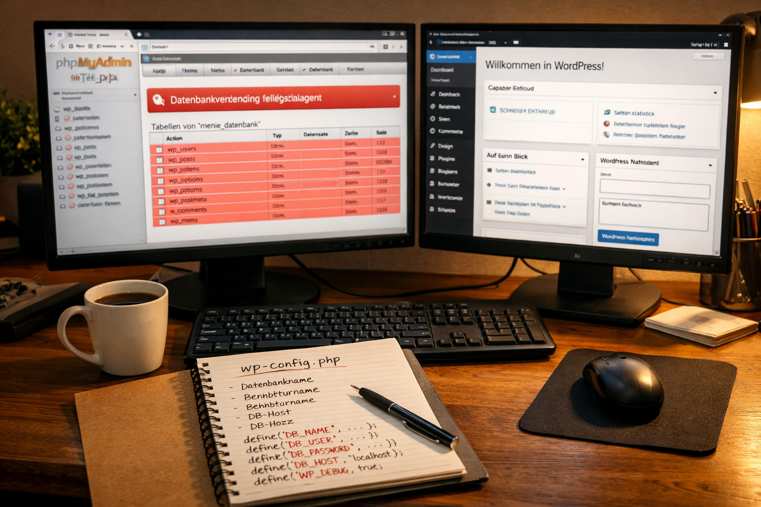 Wide-angle view of a developer's desk with dual monitors: left screen shows phpMyAdmin database tables highlighted in red