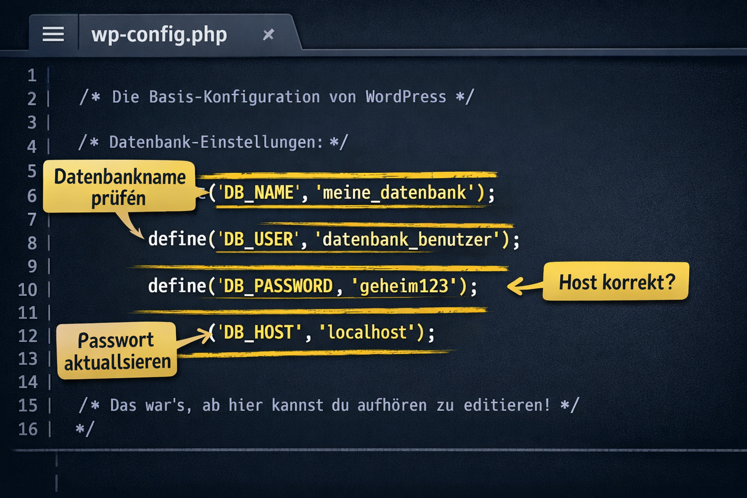 Close-up infographic-style illustration showing a WordPress wp-config.php file open in a code editor with highlighted lines