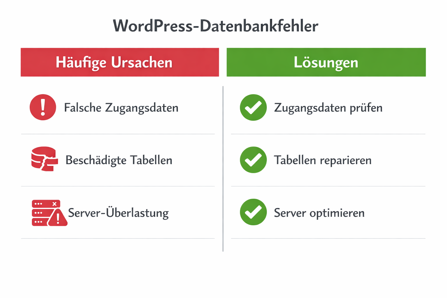 Split comparison table graphic showing two columns: 'Häufige Ursachen' vs 'Lösungen' for WordPress database errors. Rows