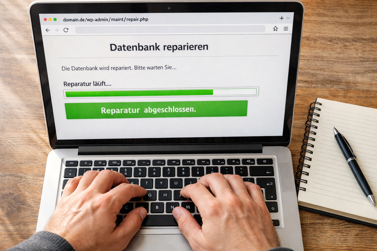Overhead shot of a laptop screen showing the WordPress 'Datenbank reparieren' tool at domain.de/wp-admin/maint/repair.php