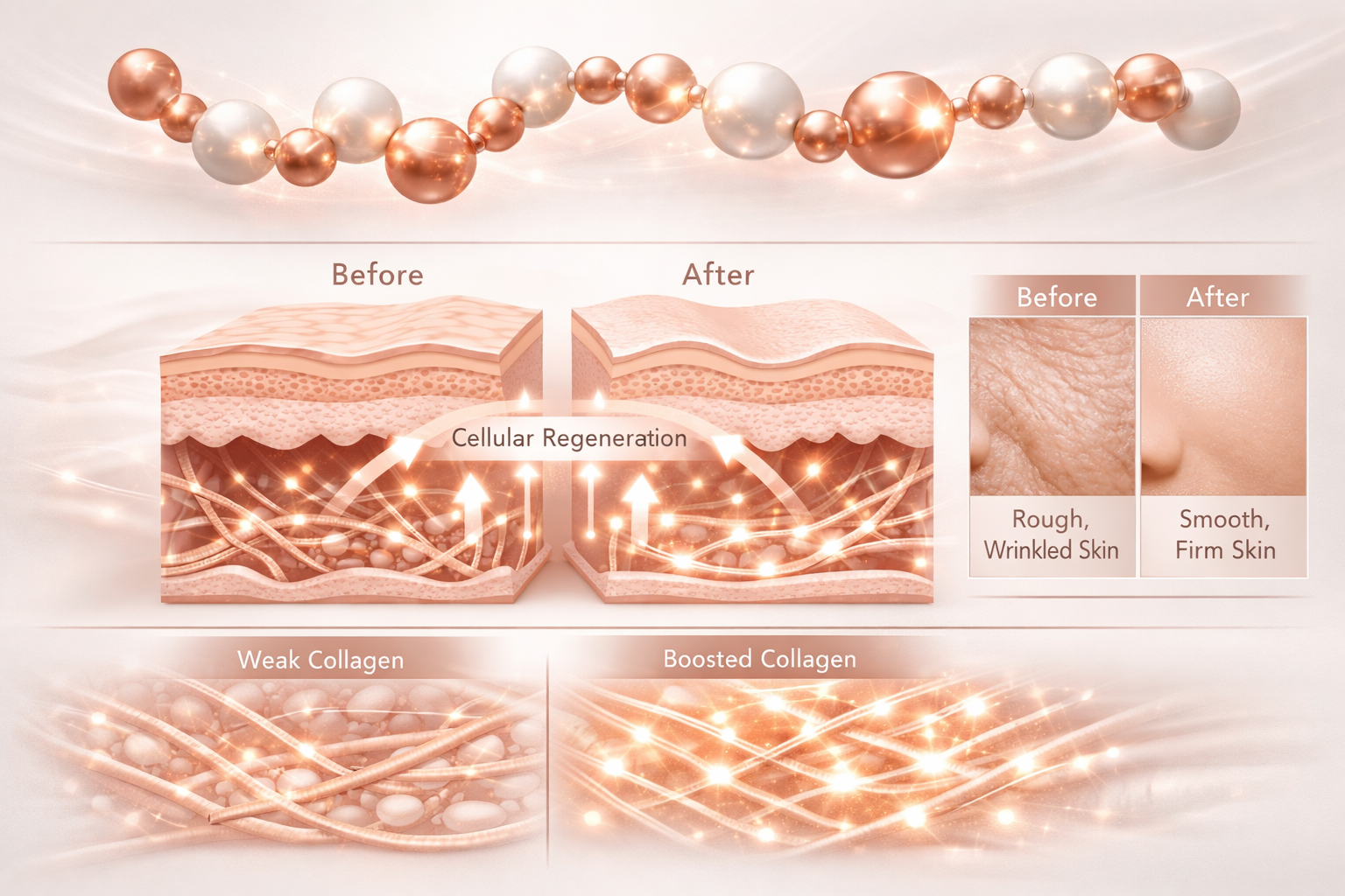 Scientific illustration showing peptide molecular chain structure with glowing amino acid bonds, skin cell layers in cross-section with coll
