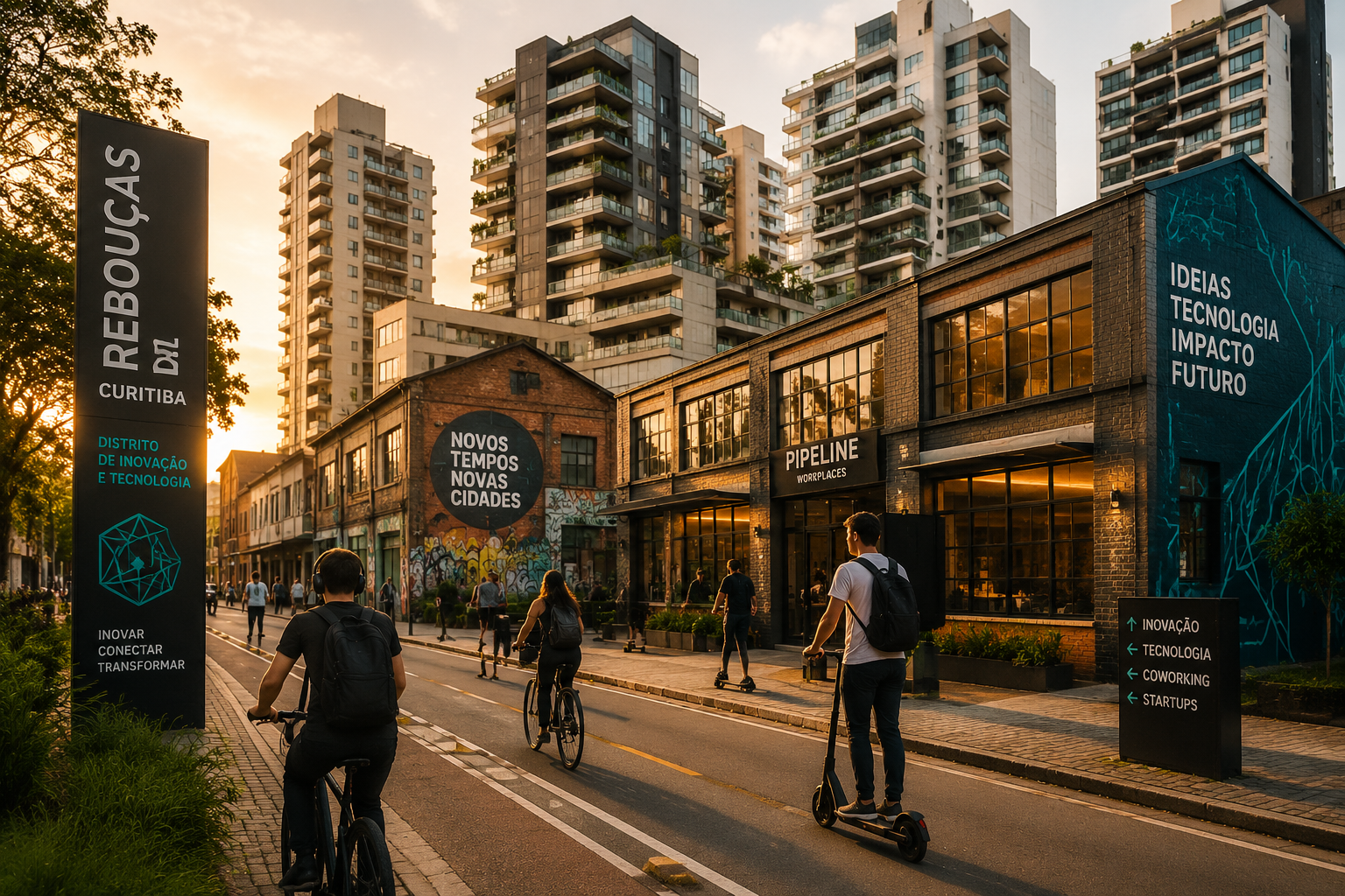 Wide-angle street-level photograph of Curitiba's Rebouças neighborhood at golden hour showing a mix of renovated industrial