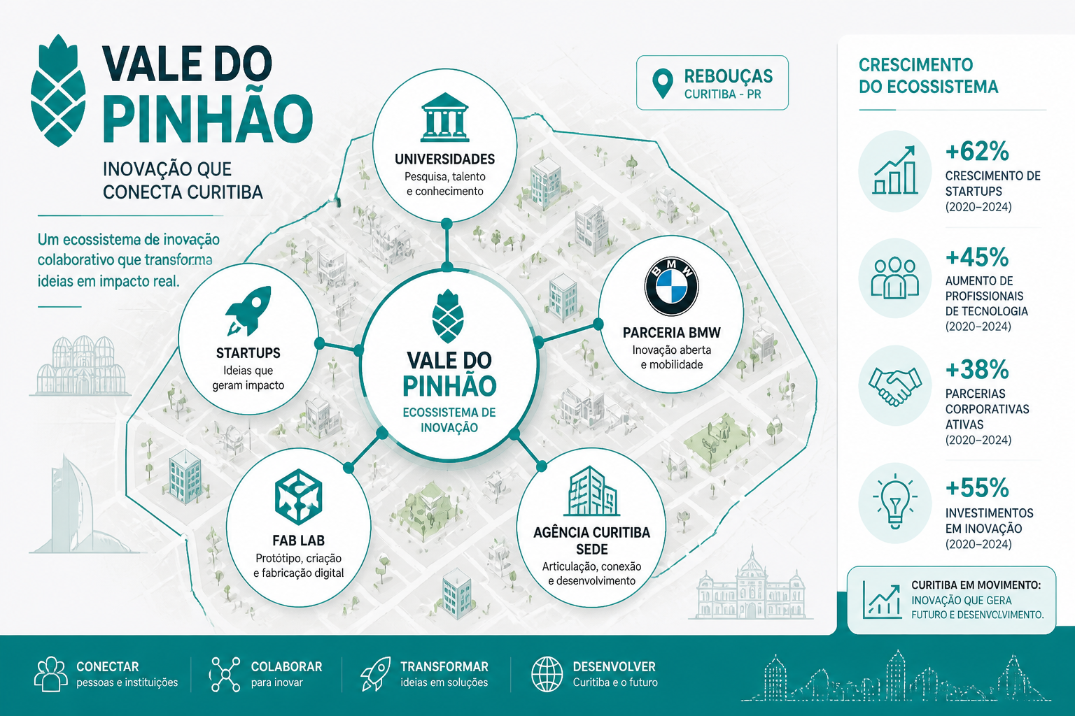 Infographic-style illustration showing the Vale do Pinhão innovation ecosystem diagram with interconnected nodes