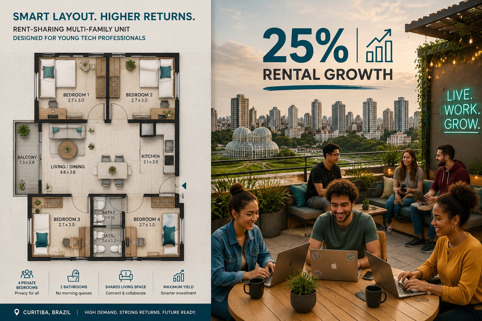 Split-composition real estate investment scene showing on the left side a floor plan blueprint of a compact rent-sharing