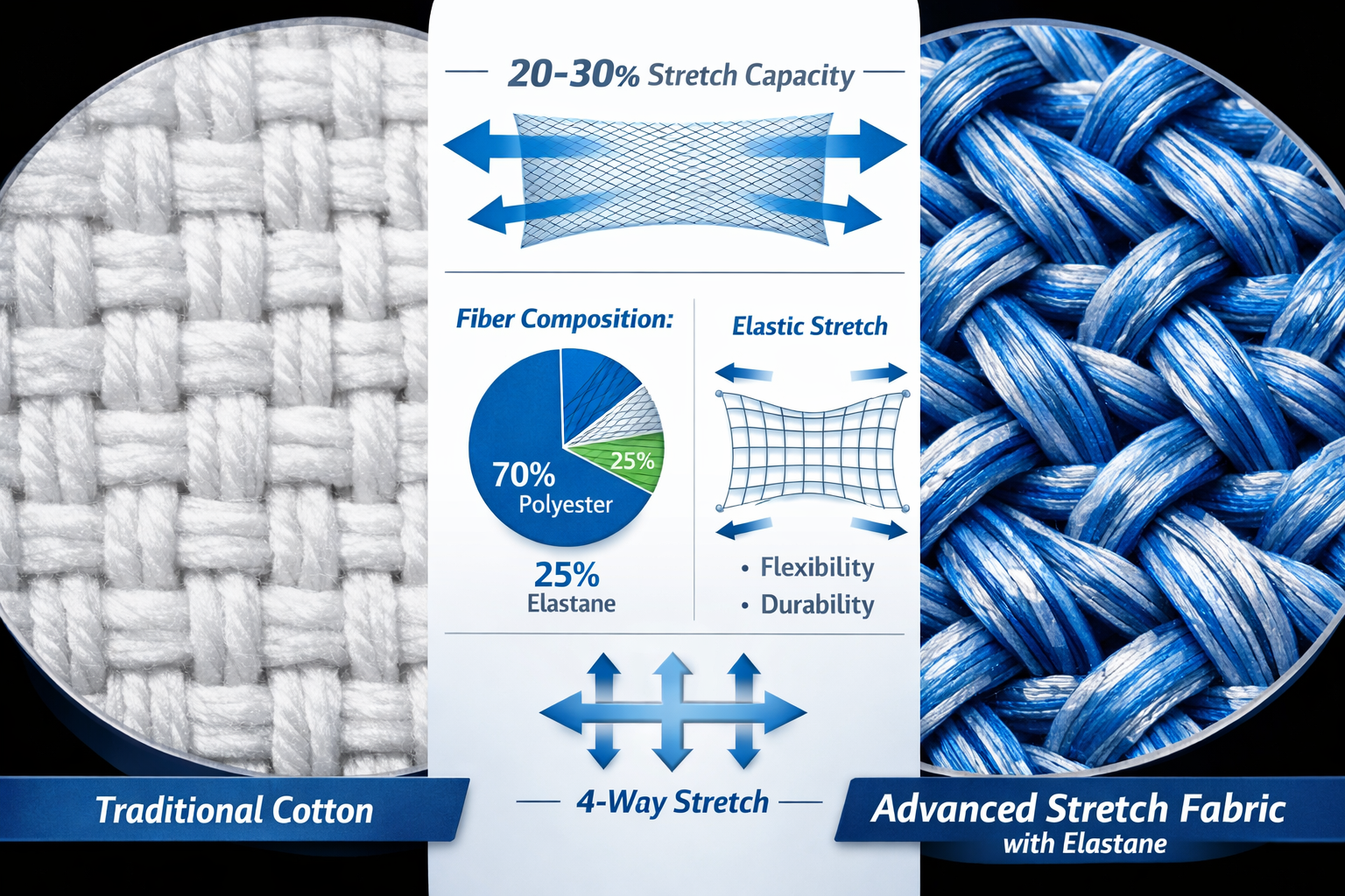 Detailed landscape format (1536x1024) image showing close-up fabric technology demonstration with split-screen composition: left side displa