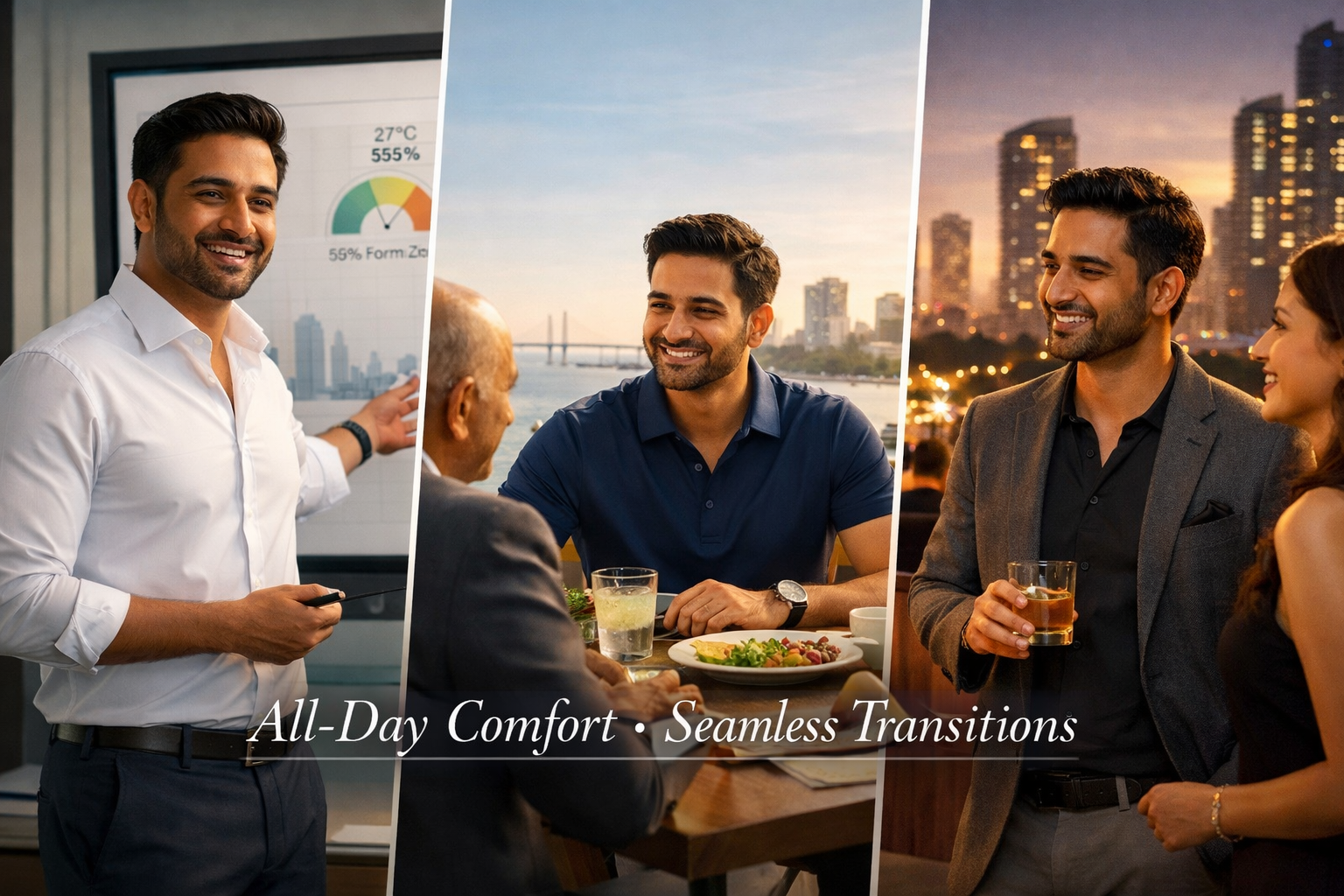 Professional landscape format (1536x1024) lifestyle montage showcasing modern Indian businessman throughout his day wearing performance fit