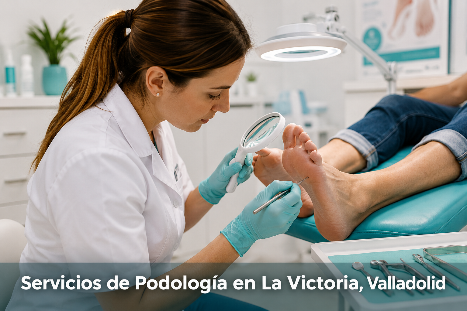 () showing a professional podologist in white coat examining a patient's foot on a clinical examination table in a modern