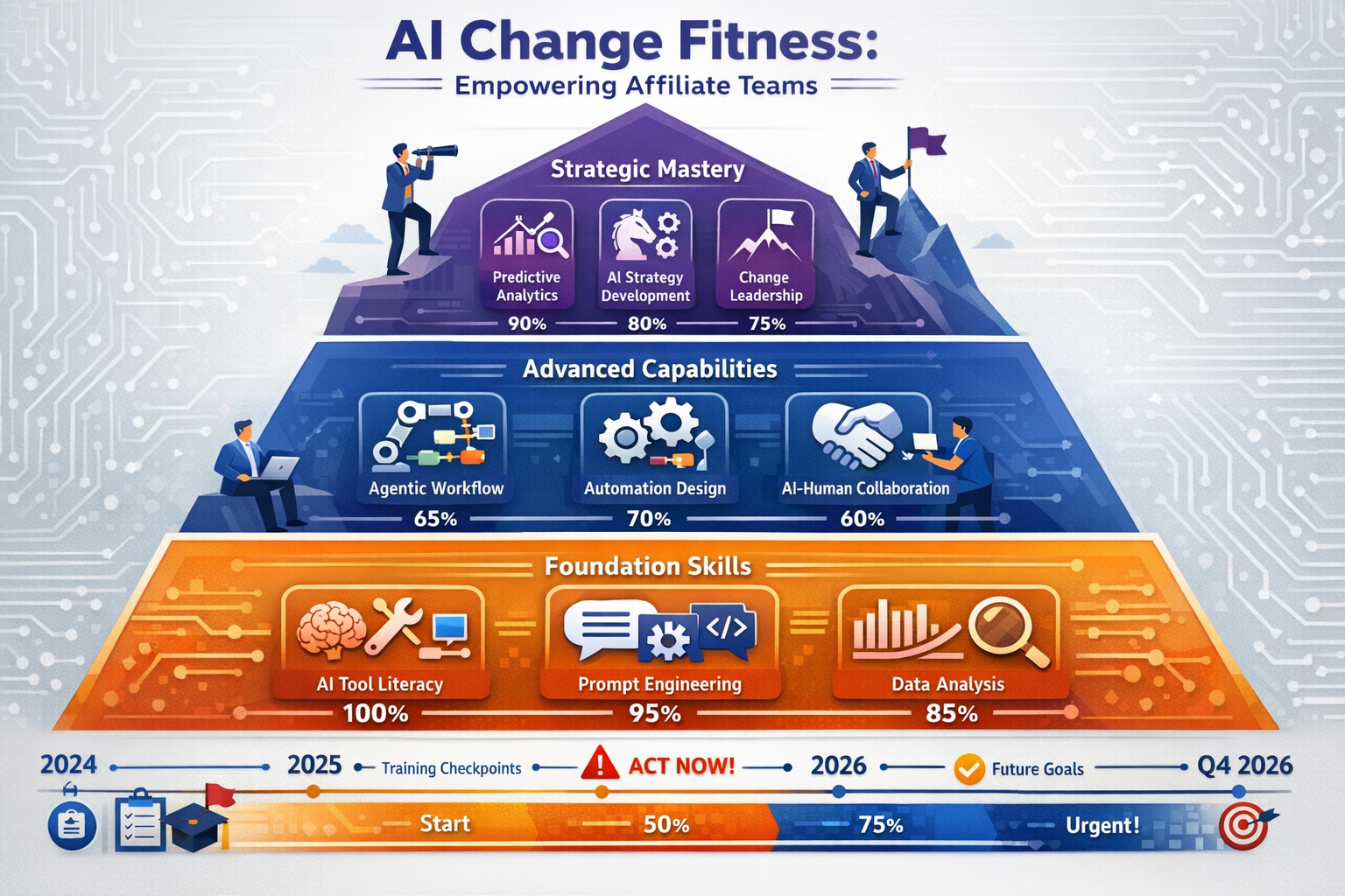 Landscape format (1536x1024) detailed infographic showing AI Change Fitness framework for affiliate teams with three-tier skill pyramid. Bot