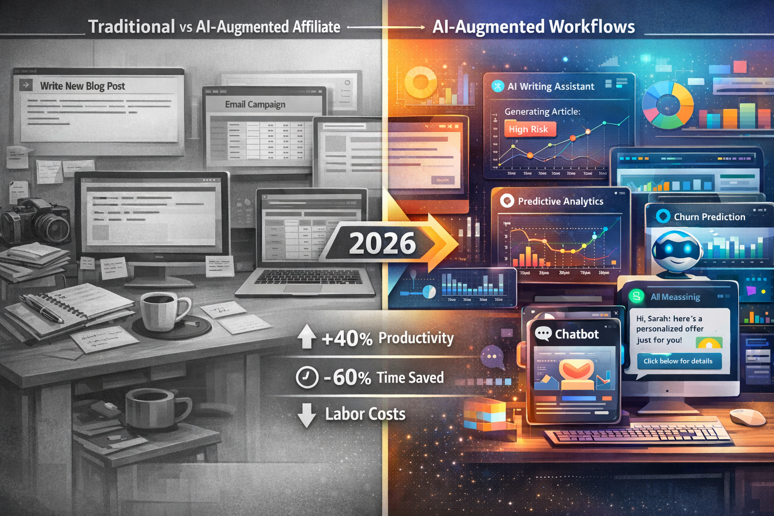 Landscape format (1536x1024) split-screen comparison visualization titled 'Traditional vs AI-Augmented Affiliate Workflows'. Left side shows