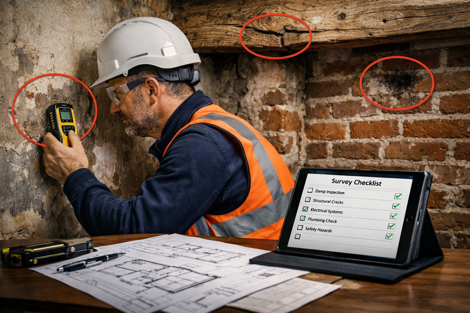 Detailed () image showing close-up of professional building surveyor conducting structural assessment inside buy-to-let