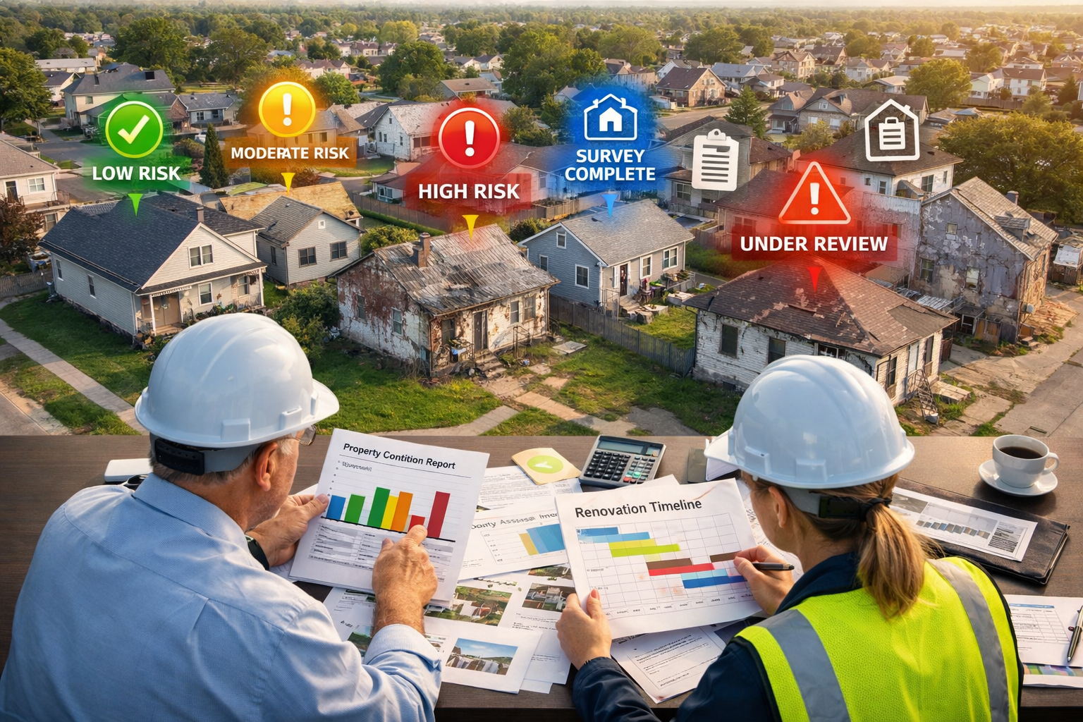 () image showing aerial drone perspective of residential property portfolio across recovery market neighborhood, mix of