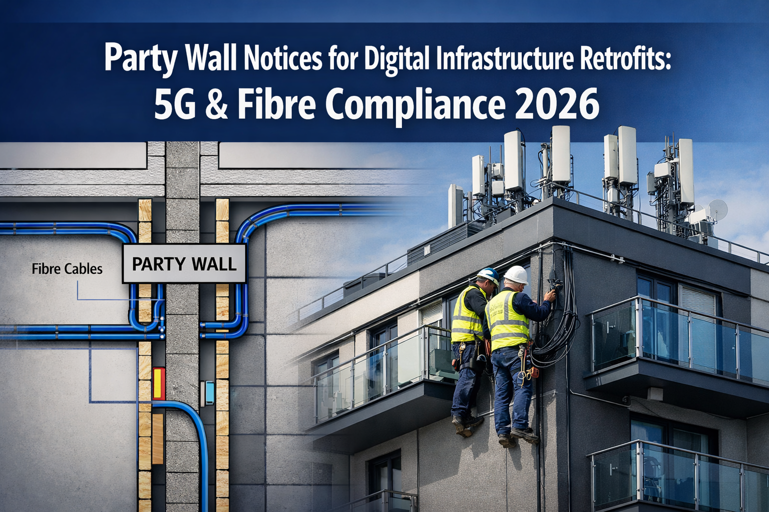 Professional () hero image featuring 'Party Wall Notices for Digital Infrastructure Retrofits: 5G & Fibre Compliance 2026'