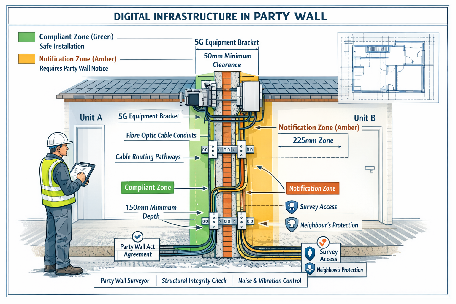 Detailed () technical illustration showing cross-section view of multi-occupancy building party wall with digital