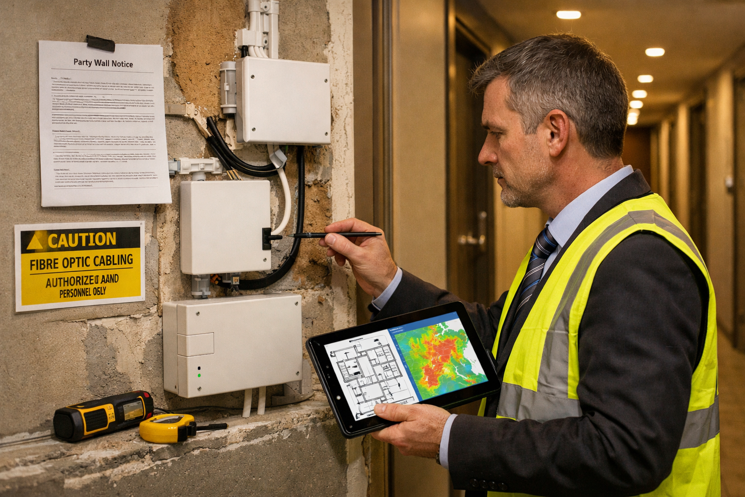 Detailed () photograph-style image of professional party wall surveyor conducting inspection in modern apartment building