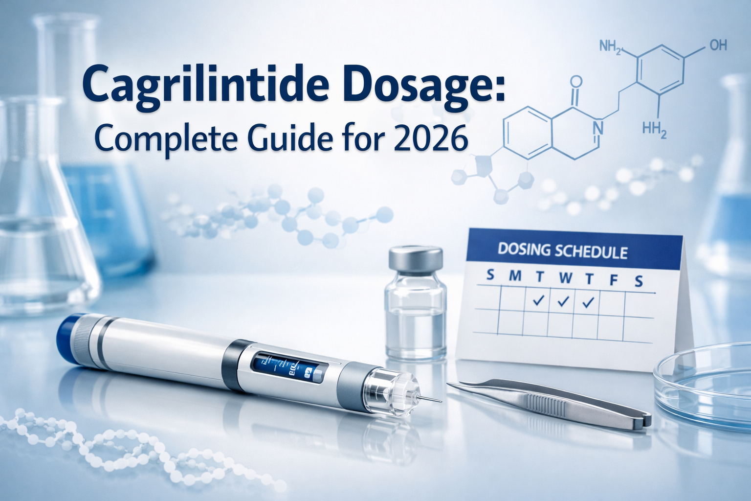 Professional landscape hero image (1536x1024) featuring bold text overlay 'Cagrilintide Dosage: Complete Guide for 2026' in extra large 72pt