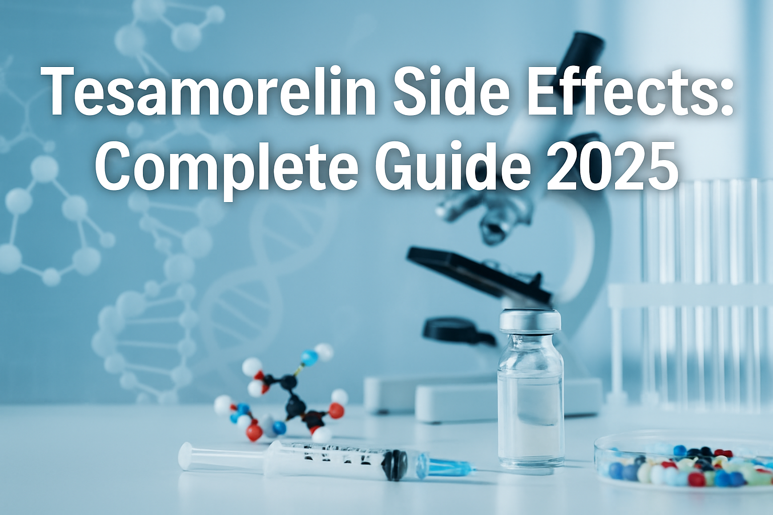 Professional landscape medical hero image (1536x1024) featuring bold text overlay 'Tesamorelin Side Effects: Complete Guide 2025' in extra l