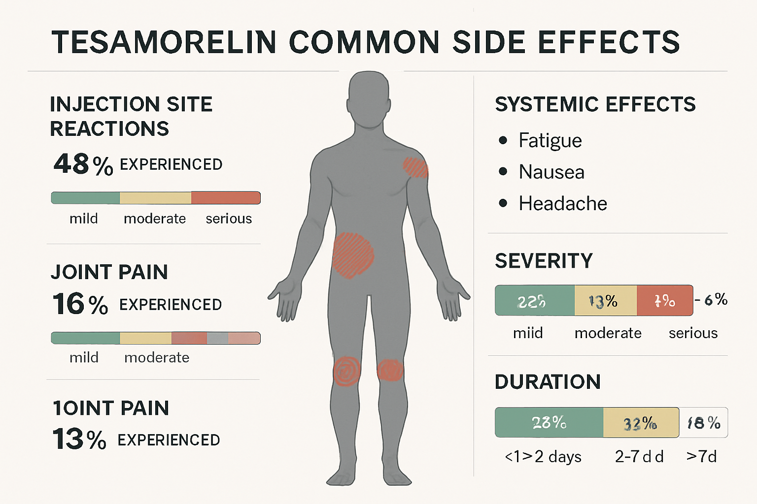 Detailed medical infographic showing common tesa side effects with human silhouette diagram highlighting injection site reactions, jo