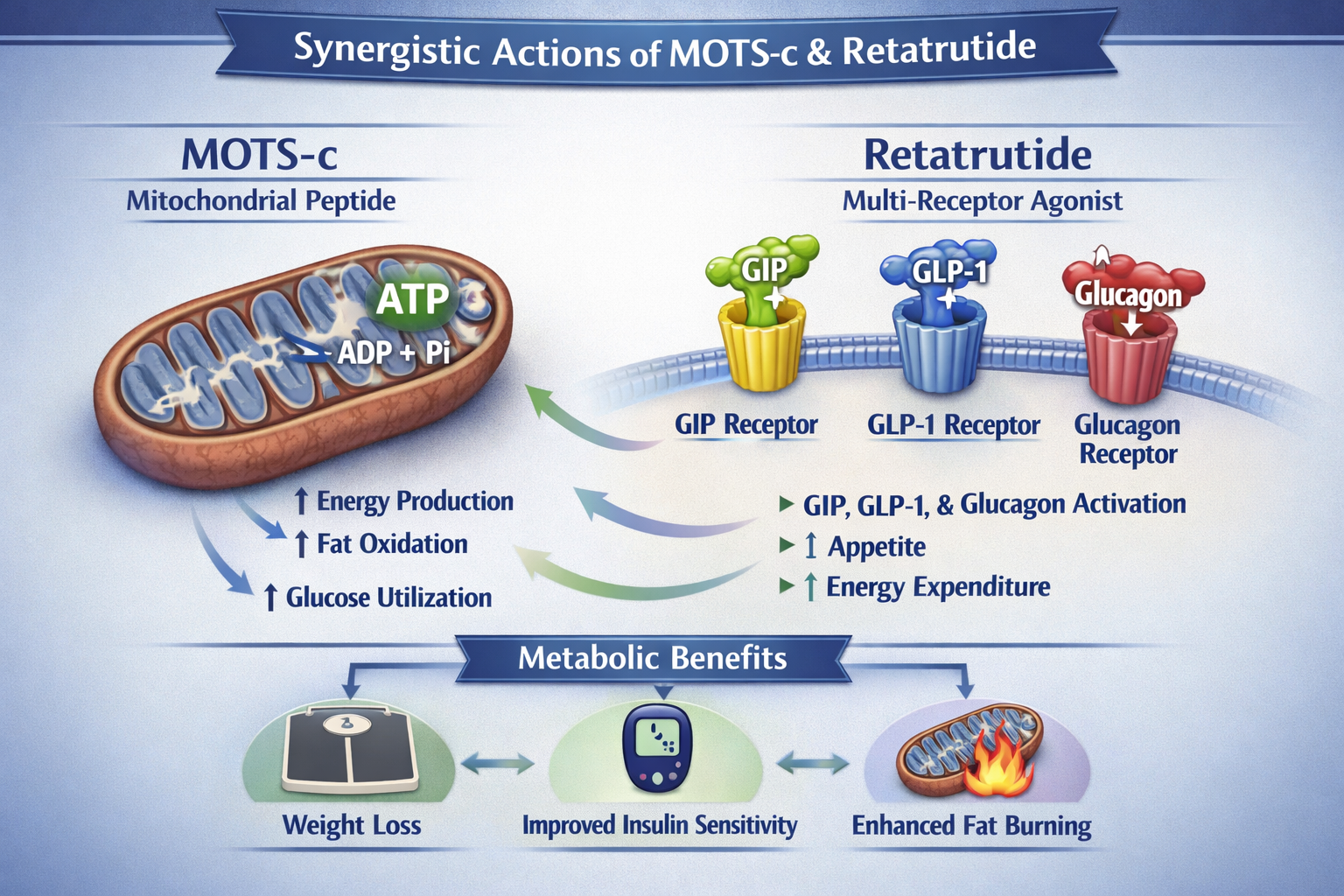 A detailed scientific illustration depicting the synergistic mechanisms of MOTS-c and Retatrutide within human cells, focusing on their resp
