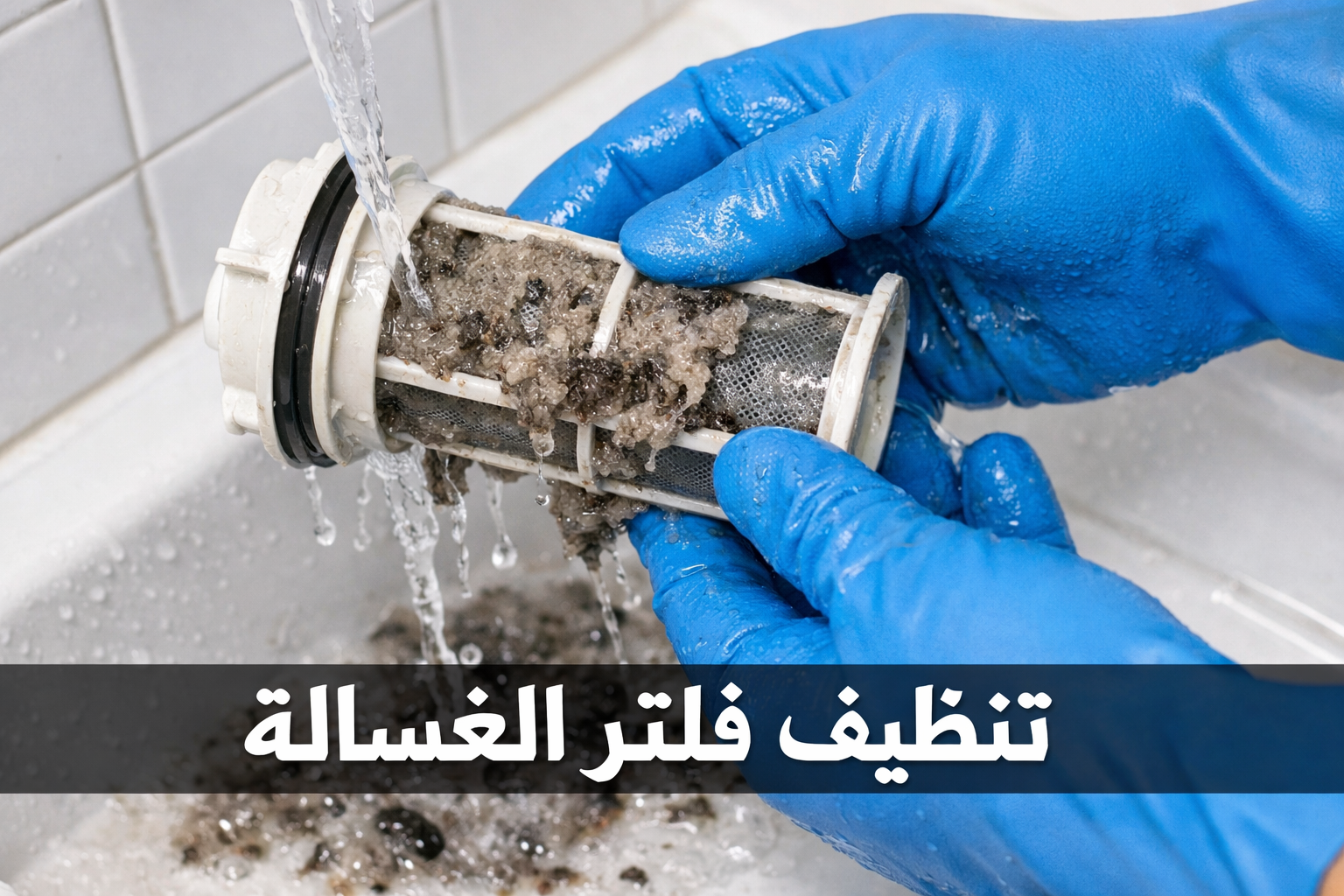 Detailed () editorial image showing a close-up overhead view of a Whirlpool automatic washing machine filter being cleaned
