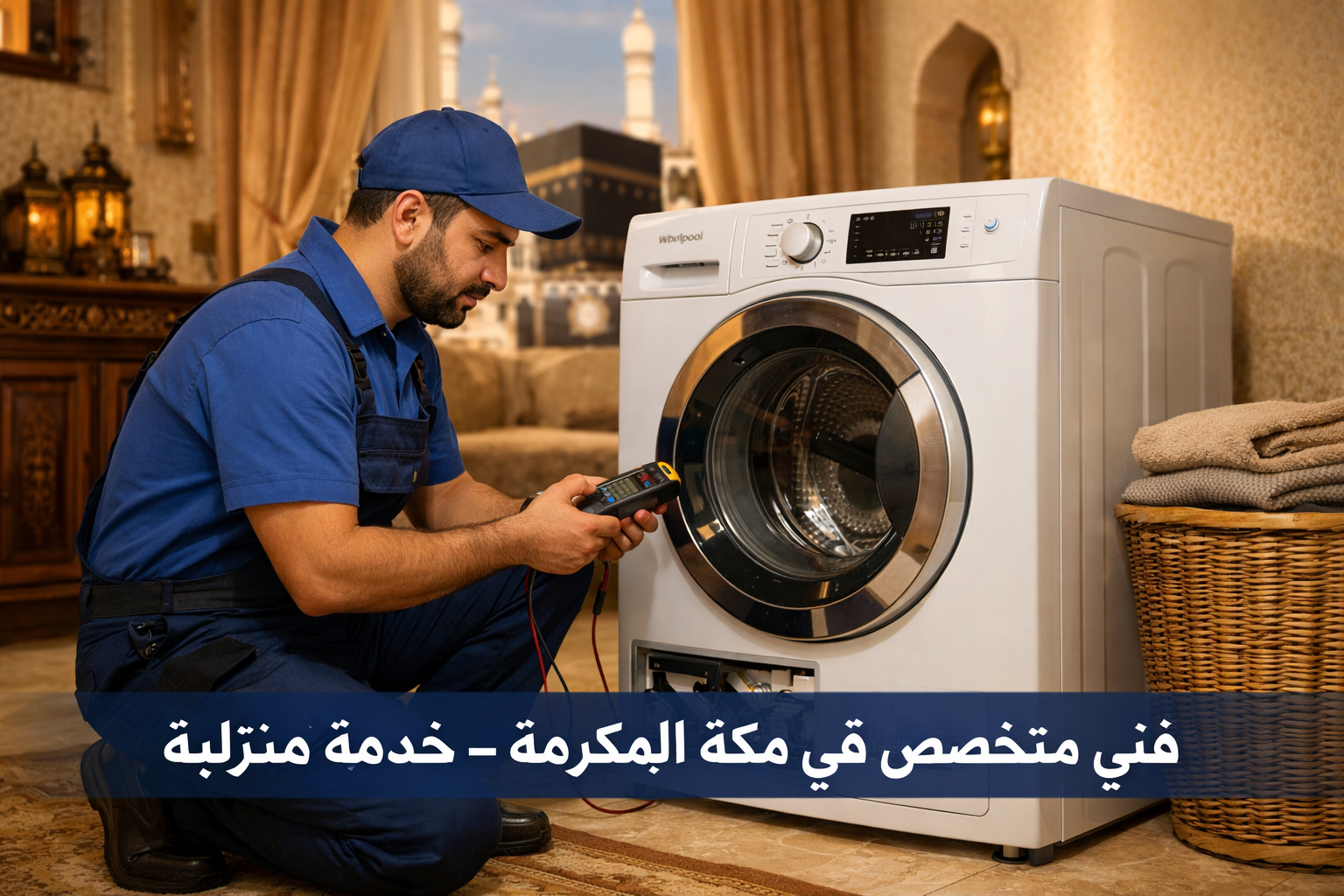 Detailed () image showing a professional appliance repair technician in uniform kneeling beside a Whirlpool automatic