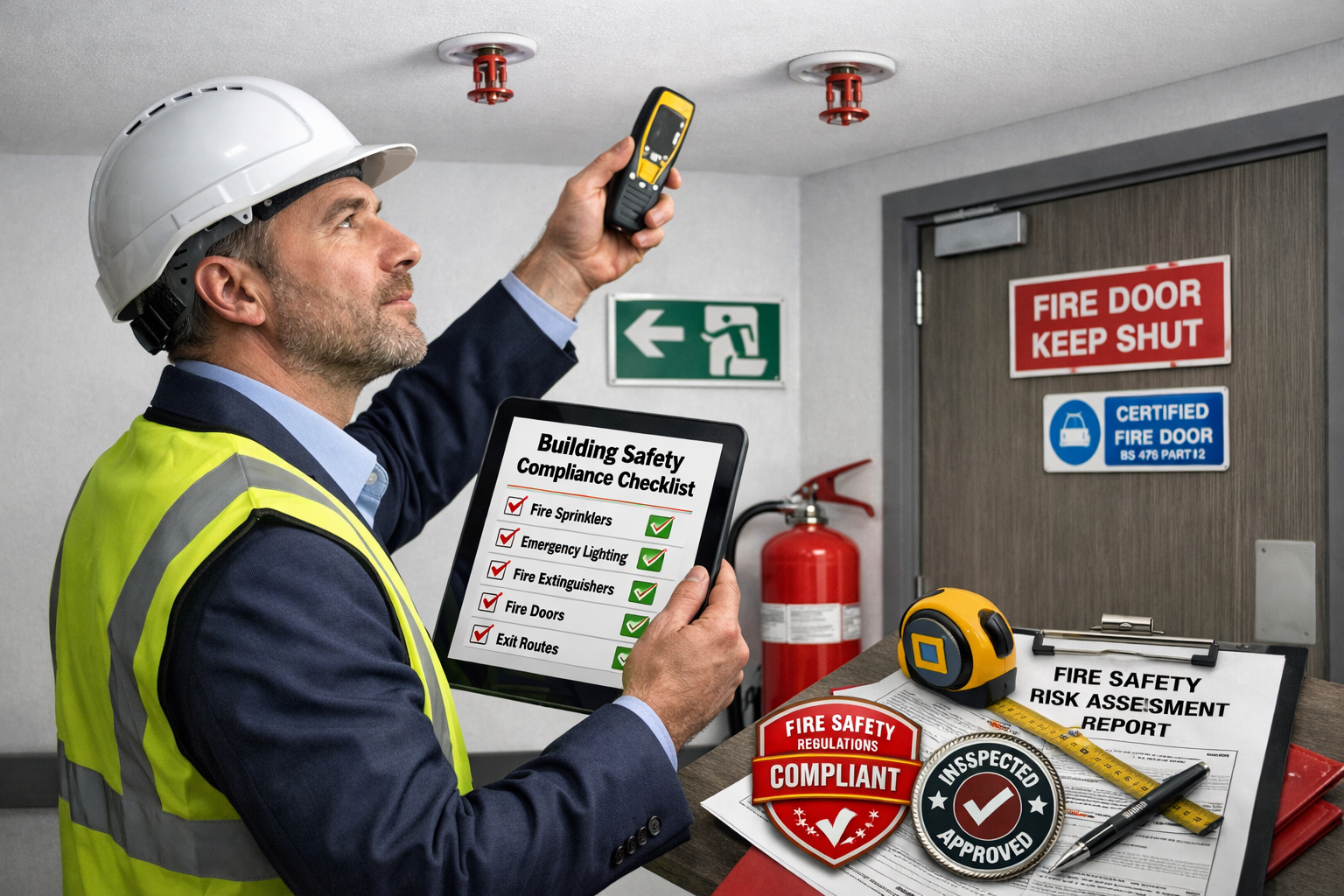 Detailed landscape format (1536x1024) editorial image showing close-up of building surveyor conducting fire safety risk assessment inside mo