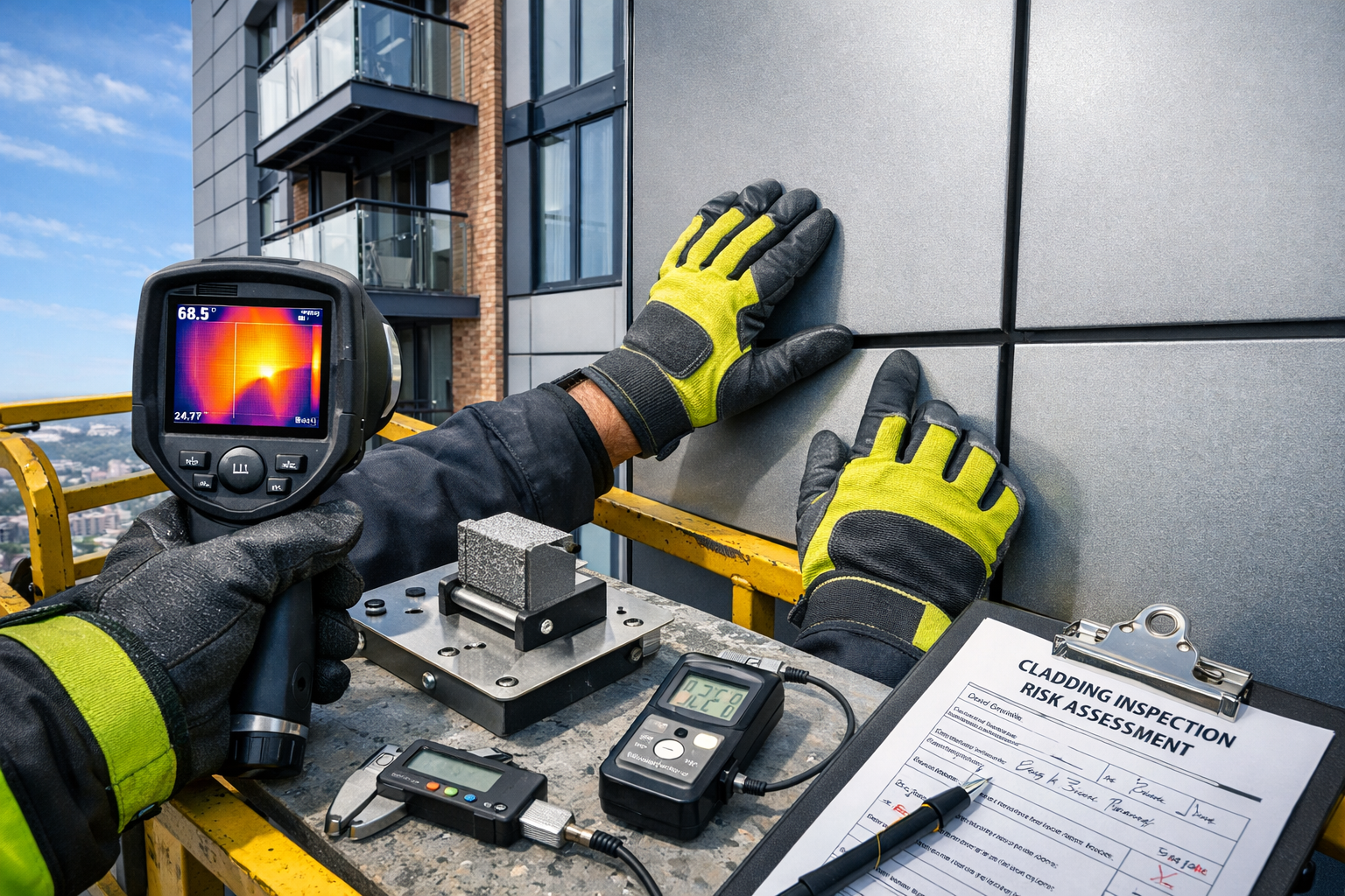 Detailed landscape format (1536x1024) professional image depicting external building cladding inspection with surveyor on elevated platform 