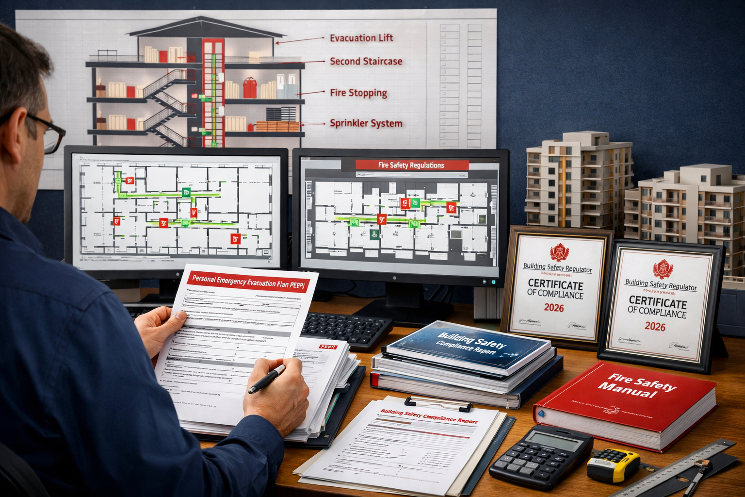 Detailed landscape format (1536x1024) image showing comprehensive building safety documentation workspace with surveyor reviewing Personal E