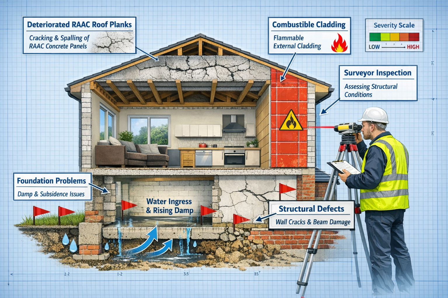 () detailed cutaway architectural illustration showing cross-section of a residential building with highlighted problem